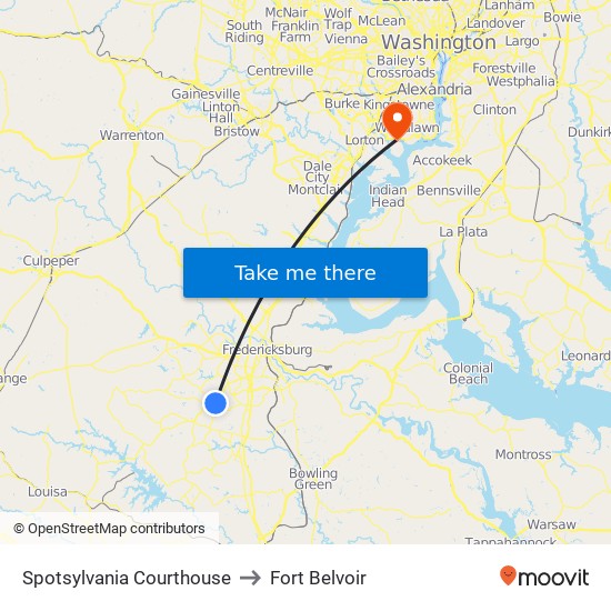 Spotsylvania Courthouse to Fort Belvoir map