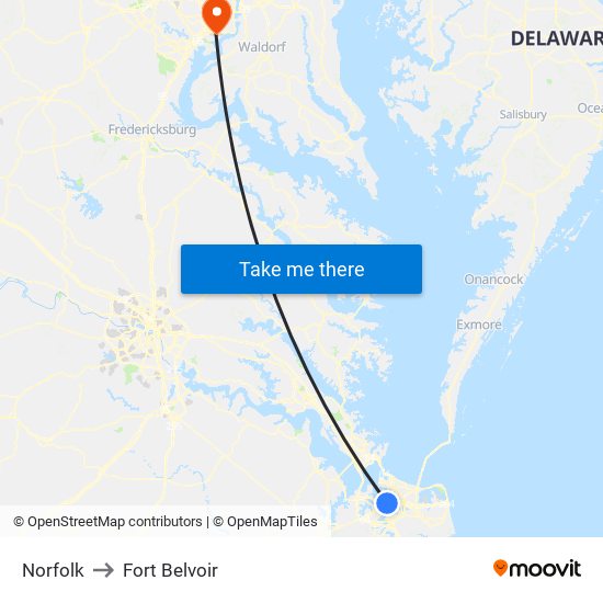 Norfolk to Fort Belvoir map