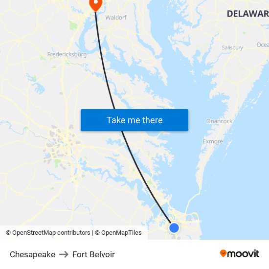 Chesapeake to Fort Belvoir map
