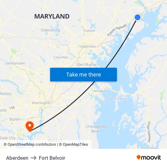 Aberdeen to Fort Belvoir map