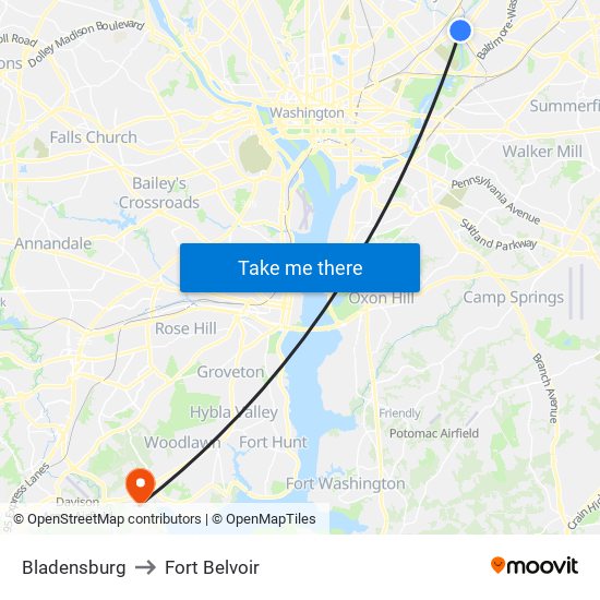 Bladensburg to Fort Belvoir map