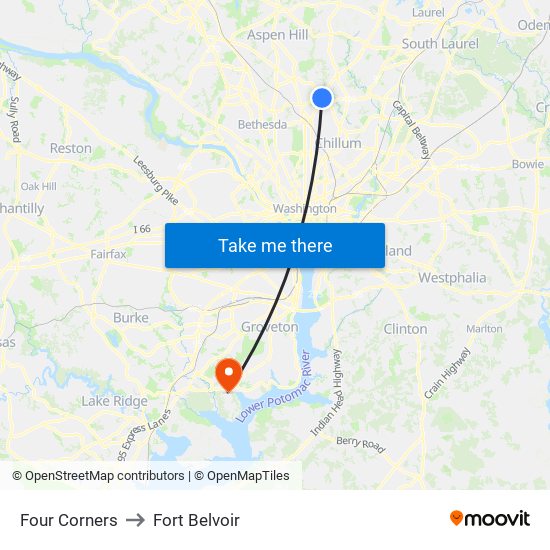 Four Corners to Fort Belvoir map