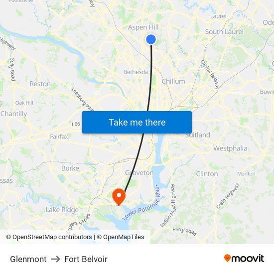 Glenmont to Fort Belvoir map