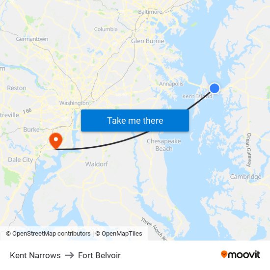Kent Narrows to Fort Belvoir map