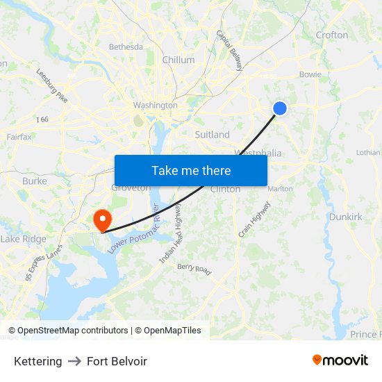 Kettering to Fort Belvoir map