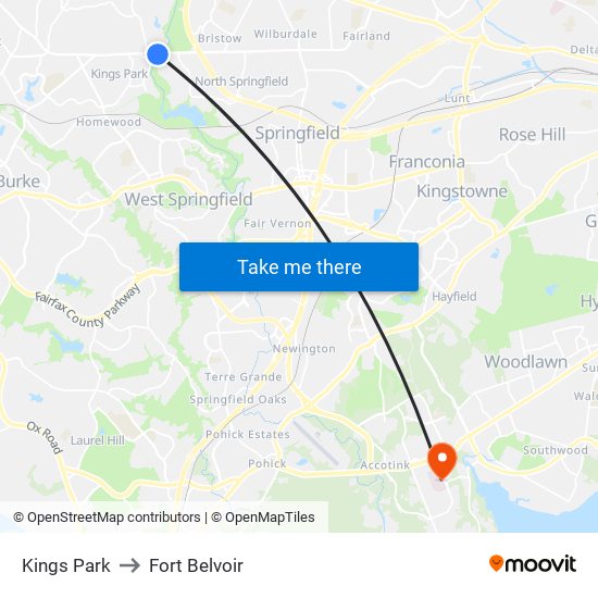 Kings Park to Fort Belvoir map