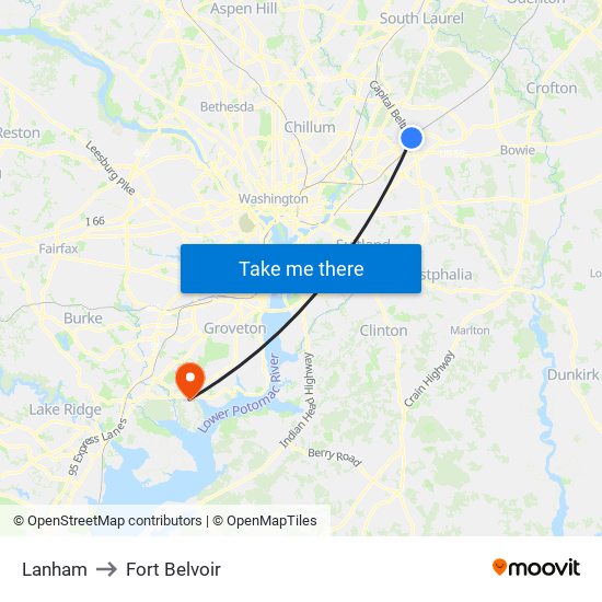 Lanham to Fort Belvoir map