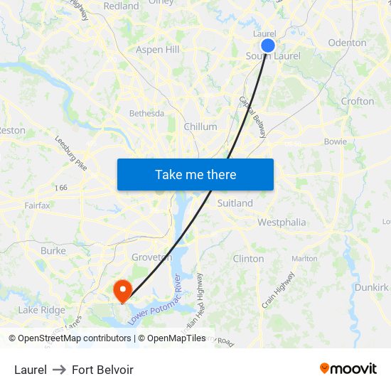 Laurel to Fort Belvoir map