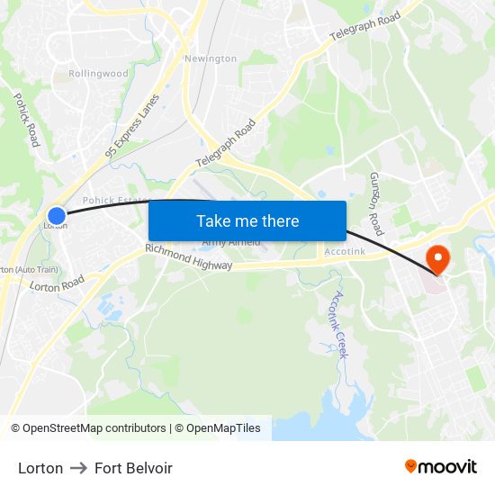 Lorton to Fort Belvoir map