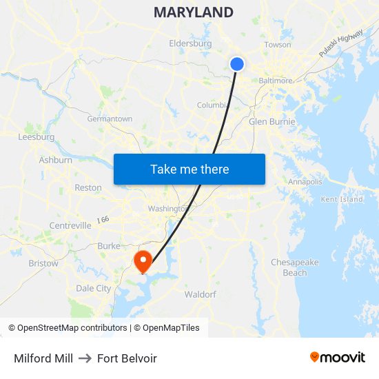 Milford Mill to Fort Belvoir map