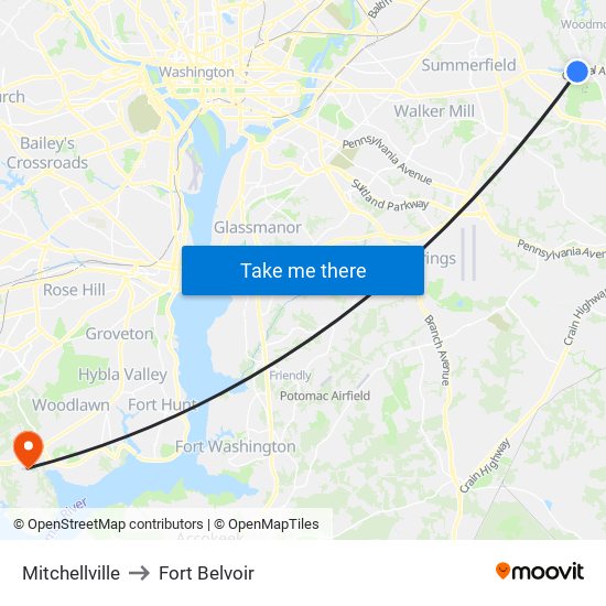 Mitchellville to Fort Belvoir map