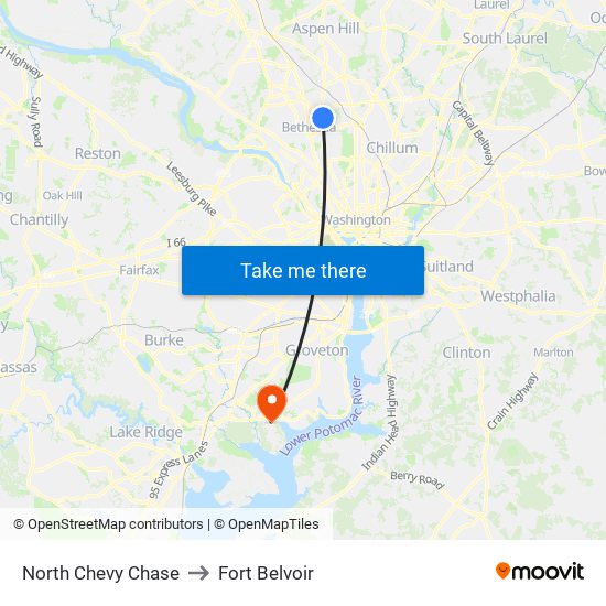 North Chevy Chase to Fort Belvoir map