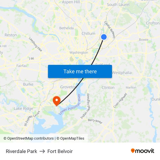 Riverdale Park to Fort Belvoir map