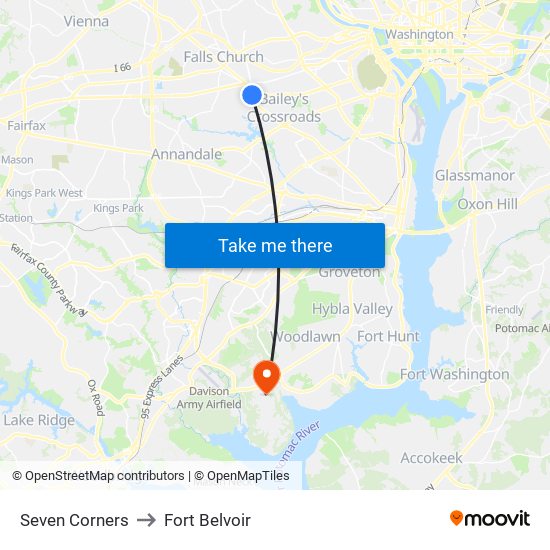 Seven Corners to Fort Belvoir map