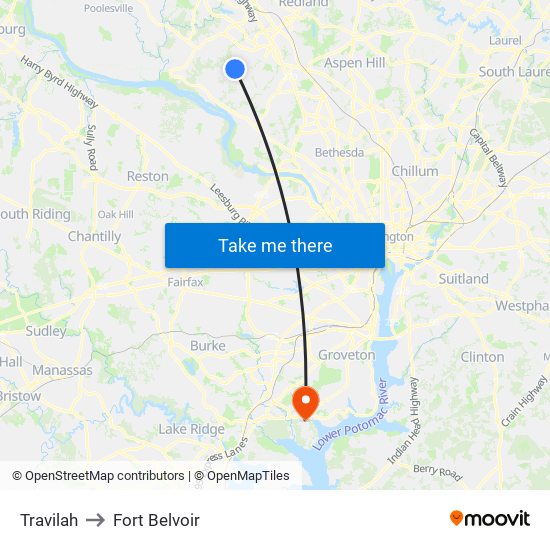 Travilah to Fort Belvoir map