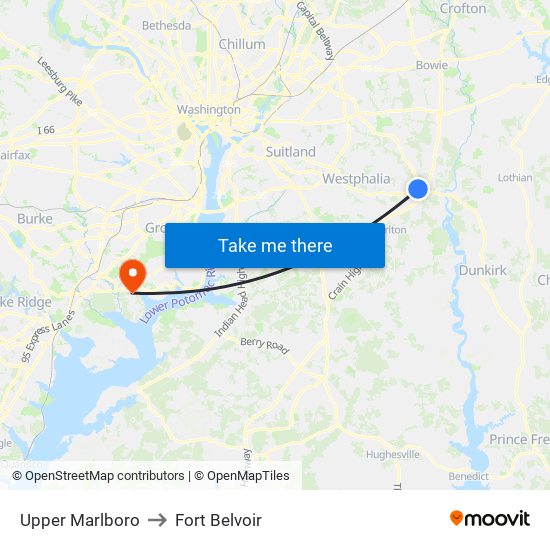 Upper Marlboro to Fort Belvoir map