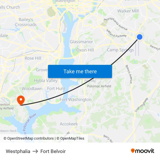 Westphalia to Fort Belvoir map