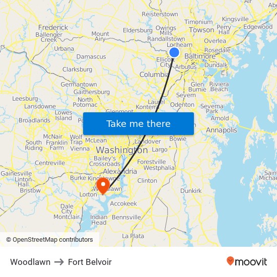 Woodlawn to Fort Belvoir map