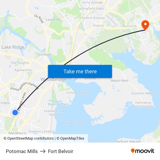 Potomac Mills to Fort Belvoir map