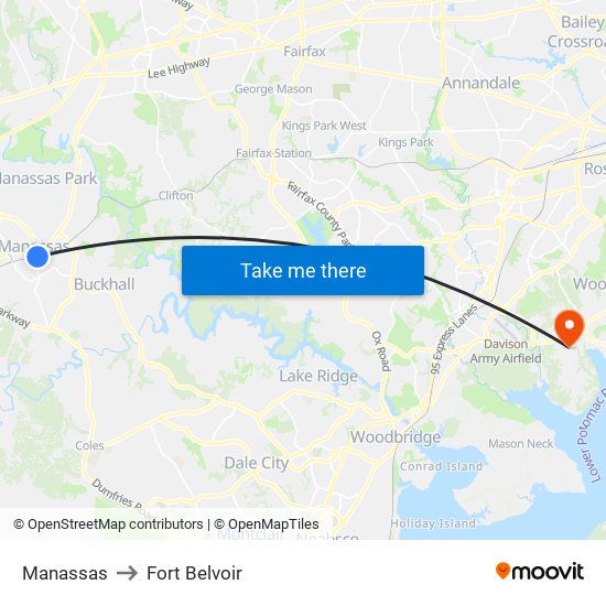 Manassas to Fort Belvoir map