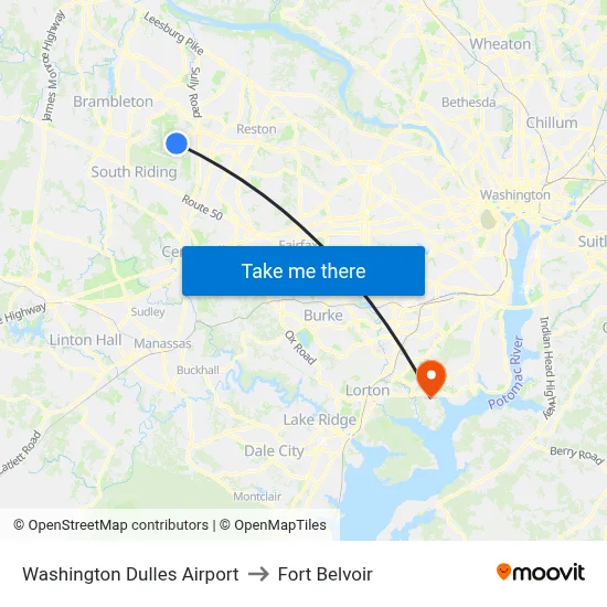 Washington Dulles Airport to Fort Belvoir map