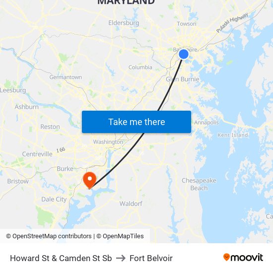 Howard St & Camden St Sb to Fort Belvoir map