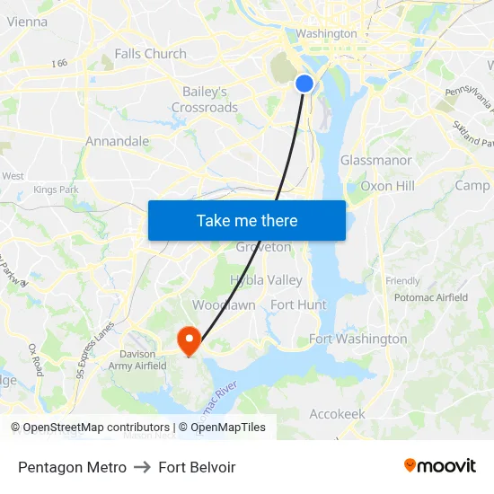 Pentagon Metro to Fort Belvoir map