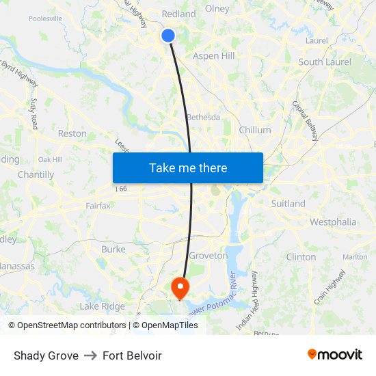 Shady Grove to Fort Belvoir map