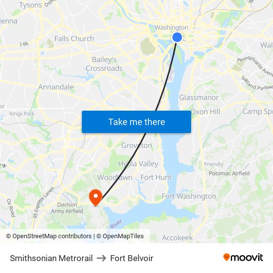 Smithsonian Metrorail to Fort Belvoir map