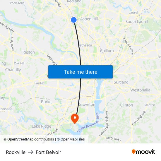 Rockville to Fort Belvoir map