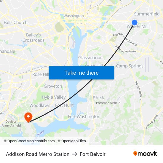 Addison Road Metro Station to Fort Belvoir map