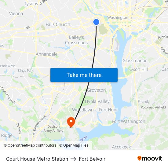 Court House Metro Station to Fort Belvoir map