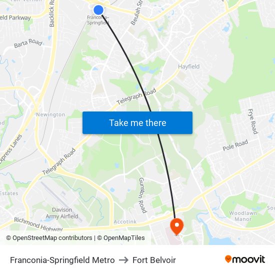 Franconia-Springfield Metro to Fort Belvoir map