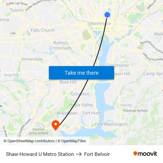 Shaw-Howard U Metro Station to Fort Belvoir map