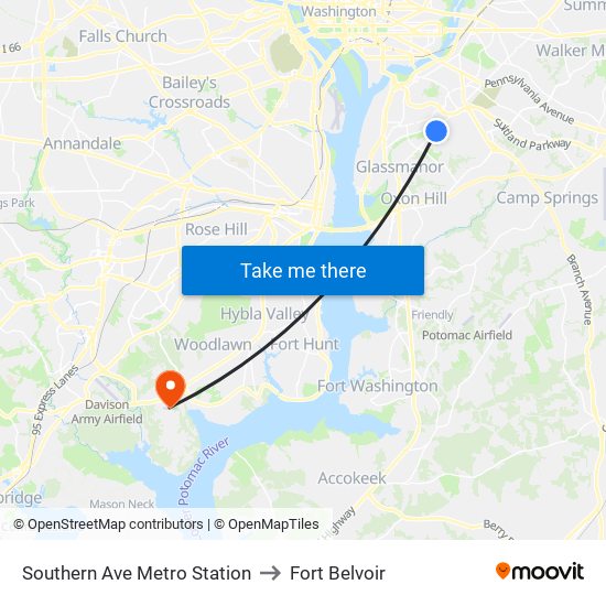 Southern Ave Metro Station to Fort Belvoir map