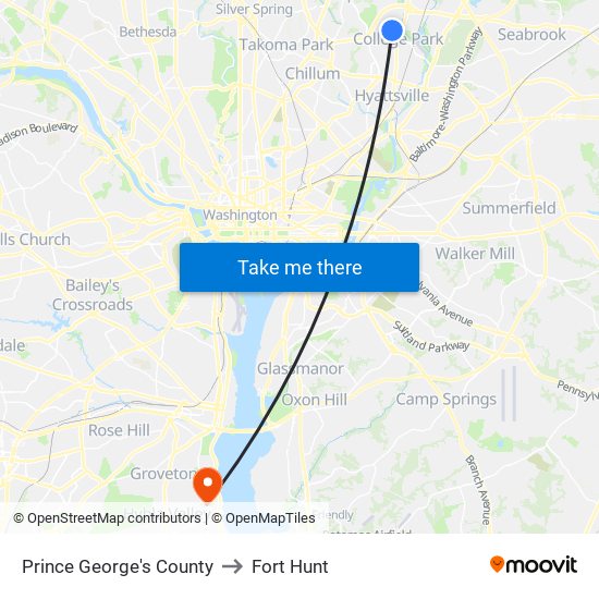 Prince George's County to Fort Hunt map