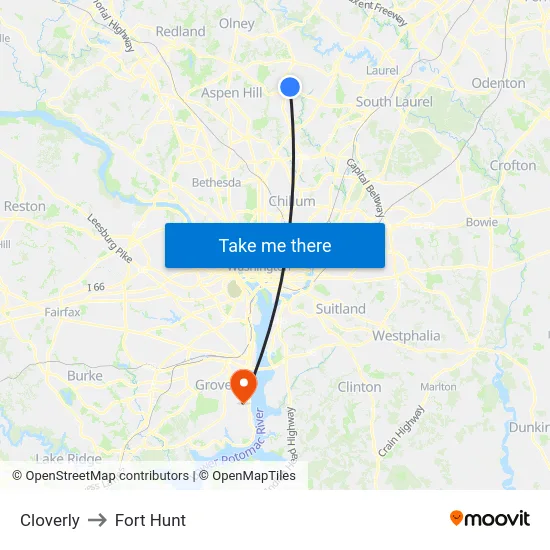 Cloverly to Fort Hunt map