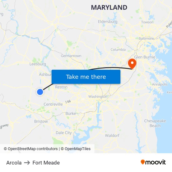 Arcola to Fort Meade map