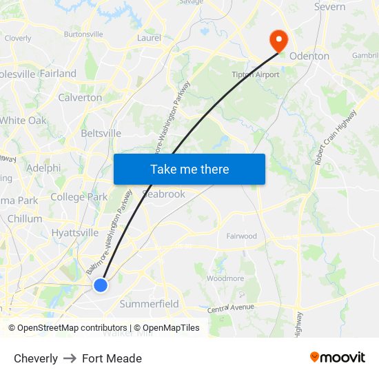 Cheverly to Fort Meade map