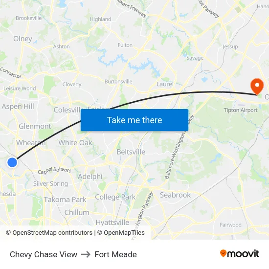 Chevy Chase View to Fort Meade map