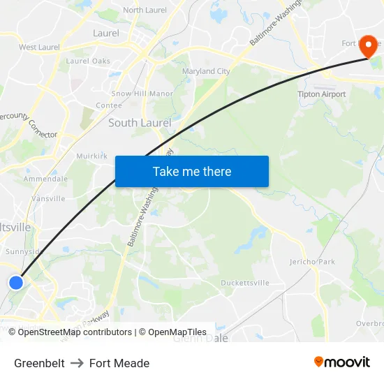 Greenbelt to Fort Meade map