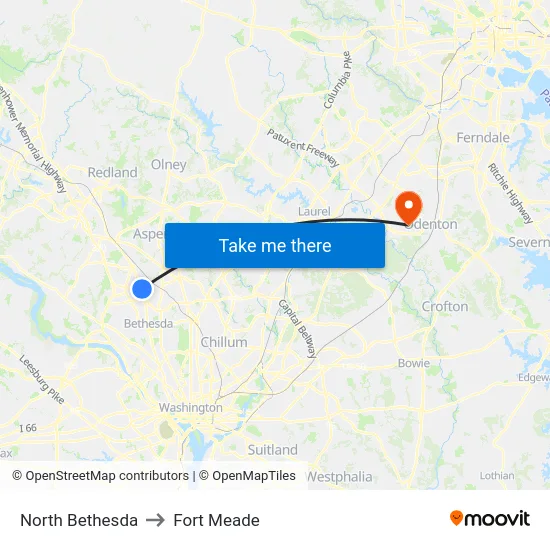 North Bethesda to Fort Meade map