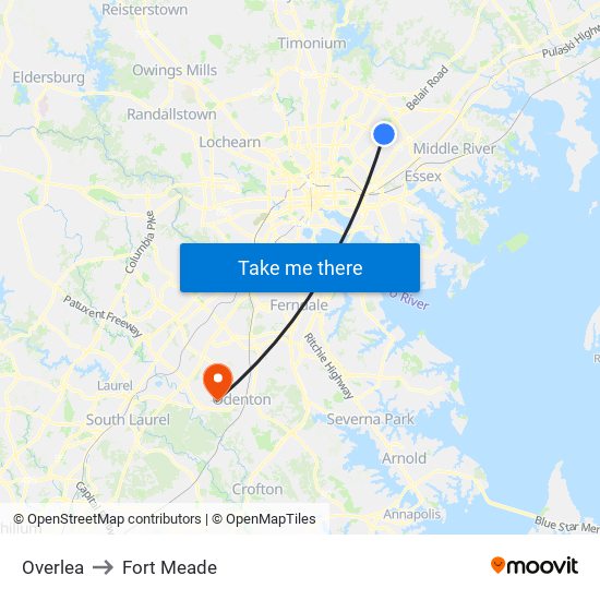 Overlea to Fort Meade map