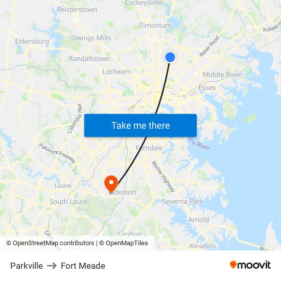 Parkville to Fort Meade map