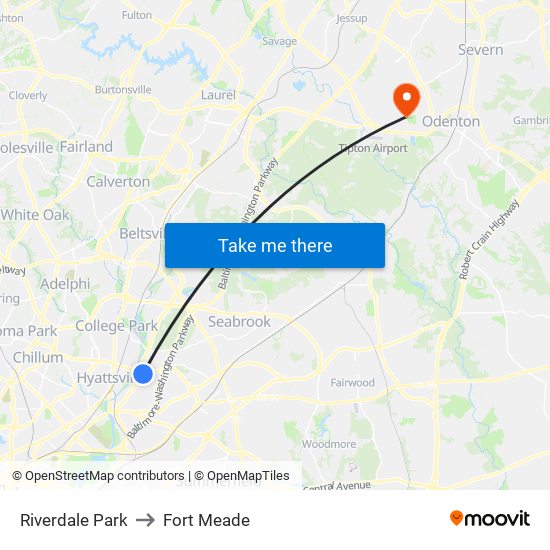 Riverdale Park to Fort Meade map