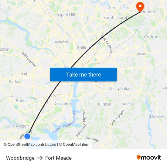 Woodbridge to Fort Meade map