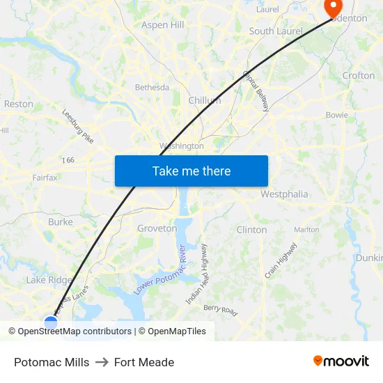 Potomac Mills to Fort Meade map