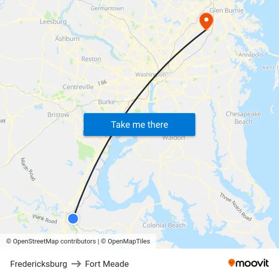Fredericksburg to Fort Meade map