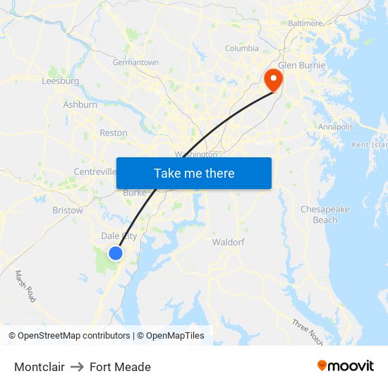 Montclair to Fort Meade map