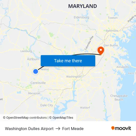 Washington Dulles Airport to Fort Meade map